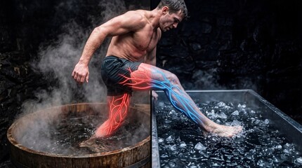 Fototapeta premium Man moving between hot wooden tub and cold ice bath. Comparison of thermal therapy effects on blood circulation and leg muscles. Concept of contrast hydrotherapy and athlete recovery.