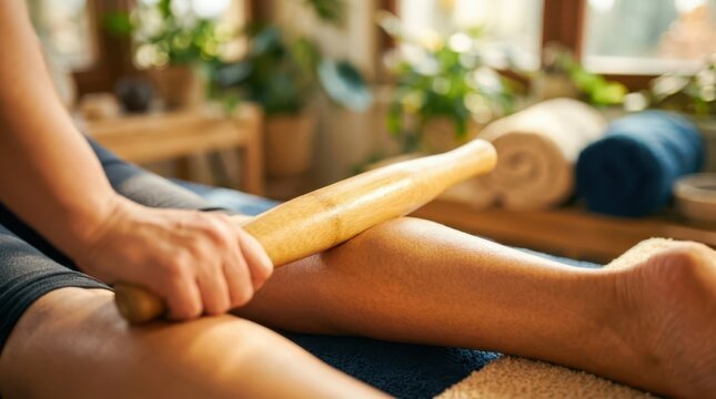 Specialized bamboo massage technique on a leg, emphasizing the natural tools and the pressure applied during a spa treatment.