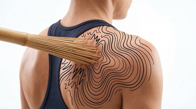 Man receiving wellness massage with bamboo broom on back. Spa treatment with wooden instrument for muscle relief and relaxation. Alternative medicine and holistic body care procedure.