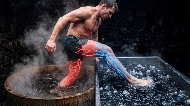 Man moving between hot wooden tub and cold ice bath. Comparison of thermal therapy effects on blood circulation and leg muscles. Concept of contrast hydrotherapy and athlete recovery.