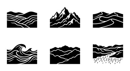 Minimalist Landscape Icons Set, Mountain, Desert, Ocean, Hills, and River Scenes, Black and White Vector Graphics for Nature and Adventure Themes © Monirul