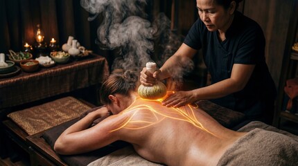 Obraz premium Thai masseuse applying herbal compress ball on back of woman. Traditional healing therapy and relaxation concept. Medical science visualization of muscle and nervous system relief.