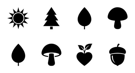 Nature Icons Set: Sun, Pine Tree, Leaves, Mushrooms, Acorn, Seedling, Vector Graphics for Ecology and Outdoors © Monirul