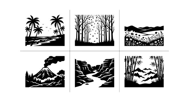 Six Silhouette Vector Landscapes: Tropical Beach, Autumn Forest, Wildflower Meadow, Volcano Eruption, River Canyon, Bamboo Grove
