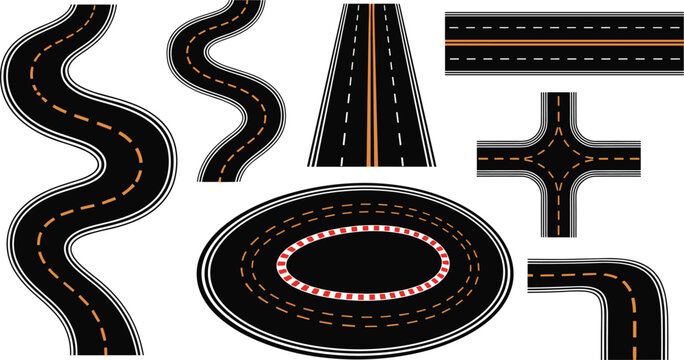 Comprehensive Set of Asphalt Road Elements Including Curved Highways Straight Streets Intersections and Racing Tracks for Map Navigation and Infrastructure Design Vector Graphics.