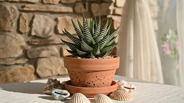 Tranquil still life featuring a potted zebra plant with seashells and a rustic stone background on a bright sunny day