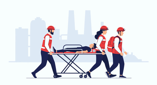 Team of rescue workers in red vests and helmets carefully transport an injured person on a medical stretcher in an industrial city landscape.