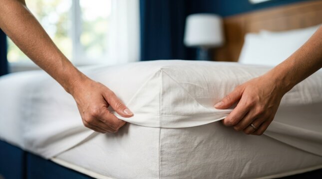 Close-up of housekeeping hands tucking a fresh white sheet into a bed corner, emphasizing hotel cleanliness and professional room preparation.