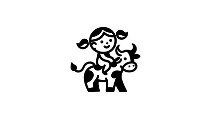 Fototapeta premium Girl with cow silhouette, Cowgirl Calf SVG, Farm Girl, a cute baby cow, Line art cow, Ride cow vector images & illustrations, Adorable Cartoon Cow Illustration Free Vector, Dancing cow Vectors, cartoo