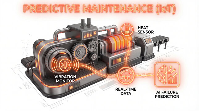 Industrial predictive maintenance infographic showing sensors vibration monitoring heat data flow with failure prediction for smart factory machine health dashboard poster on white background