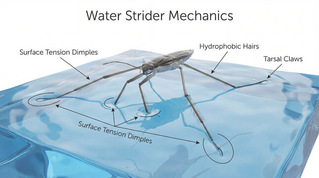 Water strider mechanics infographic showing hydrophobic hairs tarsal claws surface tension dimples in scientific insect illustration for biomimicry physics biology education content