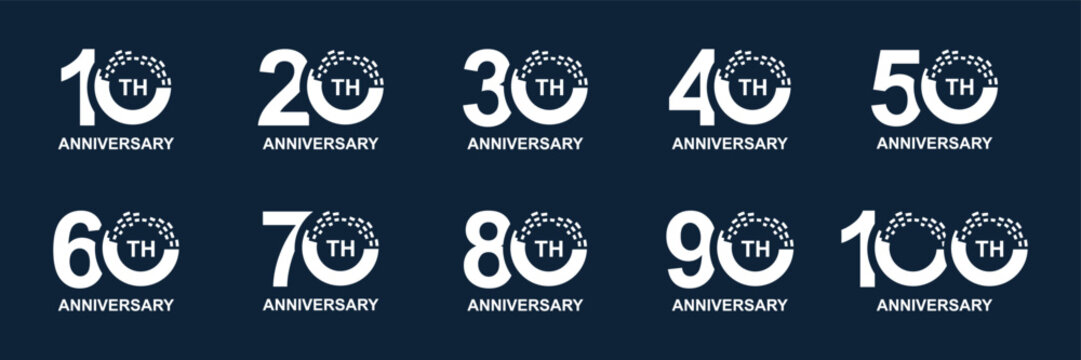 Collection set of numbers 10 to 100 Anniversary logo design. Birthday celebration logo symbol concept	