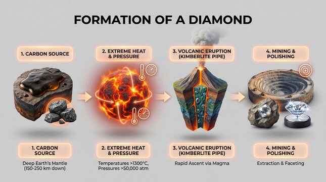 Diamond formation process educational infographic showing carbon source extreme heat pressure volcanic eruption mining polishing concept for geology museum classroom poster science center display