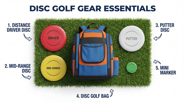 Disc golf gear guide infographic showing driver mid range putter marker plus bag for sports retail presentation beginner equipment checklist isolated for retail catalog marketing display