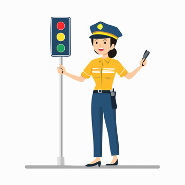 Female Traffic Controller Directing Traffic with Signal Lights