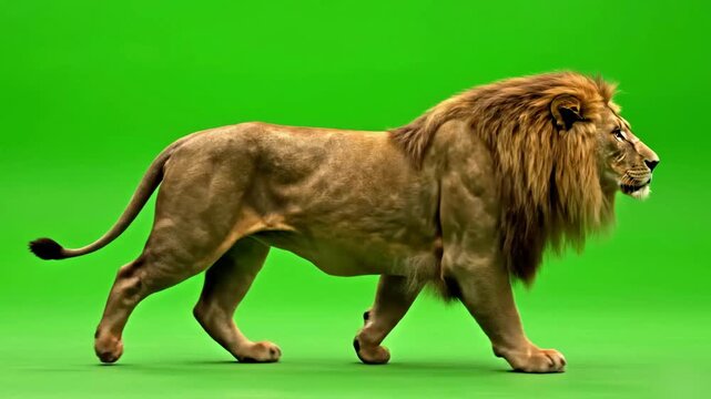 Male African Lion Walking Side View Profile Isolated on Chroma Key Green Screen Background