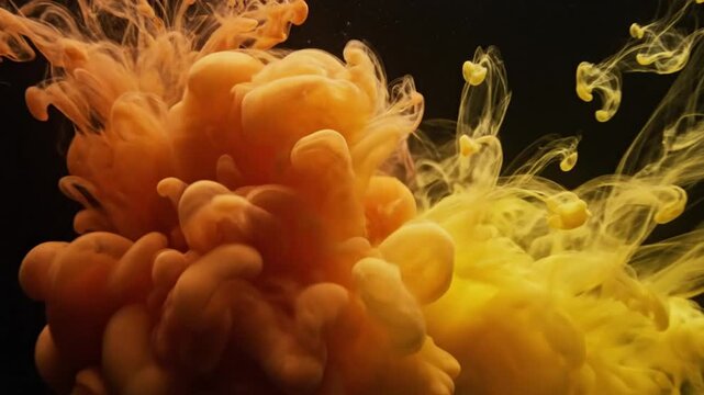 Mesmerizing abstract ink cloud formations orange and yellow swirling and blending against black background