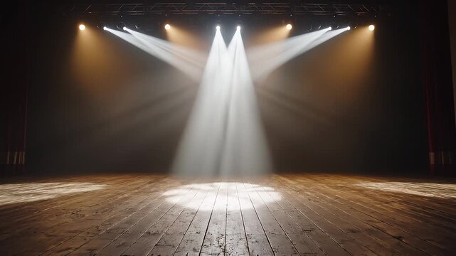 Empty performance stage with rustic wooden floorboards illuminated by moving white spotlights and smoke effects.