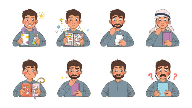 A Man's Emotional Journey: This illustration depicts a man experiencing a spectrum of emotions, from joy and excitement to contemplation and confusion, as he interacts with various objects.