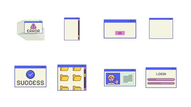 Various pixel art pop-up windows UI overlay animation set. Error success status. Login form. Folders scrollbar. Blocky interface elements motion. Retro 8bit UX design 4K video collection