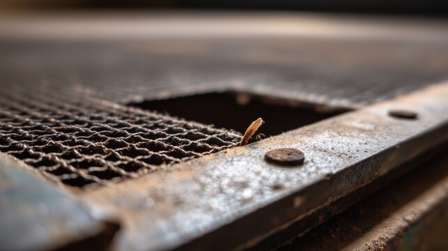 Rusty attic vent grille with insect and debris, evoking bat exclusion and attic entry point surveillance.