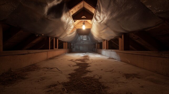 Attic interior with insulation, wooden beam, and light highlighting potential bat entry and exclusion work area.