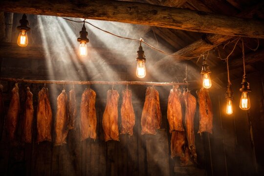 Smoked fish hanging in traditional smokehouse, cured meat heritage, smoking process visible