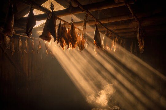 Smoked fish hanging in traditional smokehouse, cured meat heritage, smoking process visible