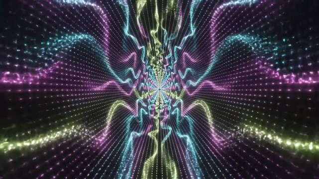 Mesmerizing psychedelic light show with colorful dynamic wave patterns and dot matrix effect for music visuals or background.