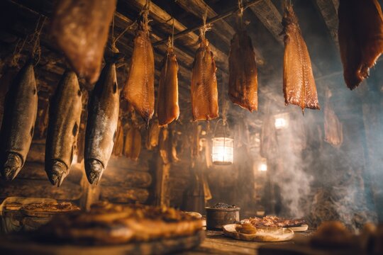 Smoked fish hanging in traditional smokehouse, cured meat heritage, smoking process visible