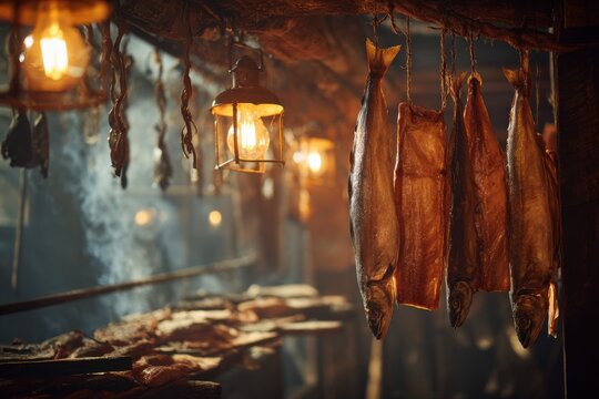 Smoked fish hanging in traditional smokehouse, cured meat heritage, smoking process visible