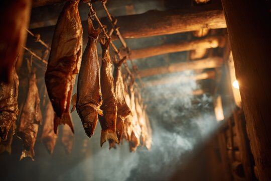 Smoked fish hanging in traditional smokehouse, cured meat heritage, smoking process visible