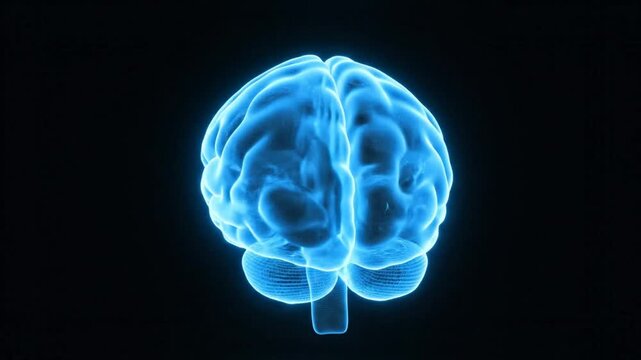 Human brain animation with a glowing blue effect rotating against a stark black background for educational use