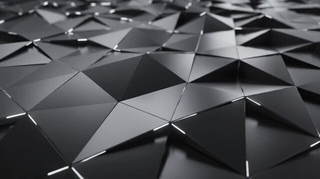 Abstract geometric surface with moving triangles in dark gray with highlights, seamless loop