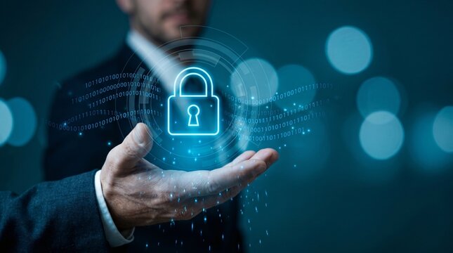 Businessman's hand holding a glowing padlock icon with binary code data streams