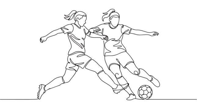 Two women playing soccer, one tackling the other for the ball, line drawing