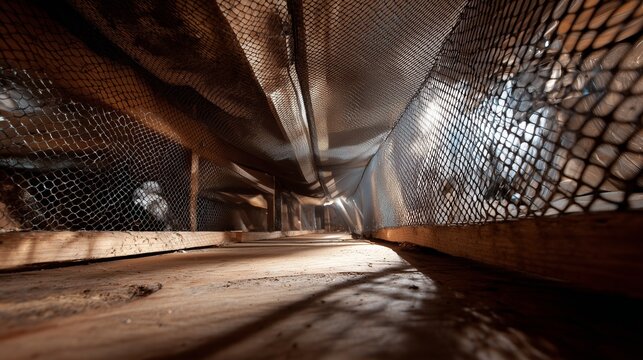 Attic crawl space with exclusion netting and bat guano indicating bat exclusion wildlife removal operation.