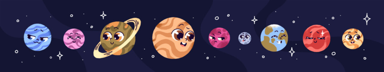 Cute planet with different emotions on faces set. Funny cosmos, solar system. Characters of Mercury, Venus, Earth, Mars, Jupiter, Saturn, Neptune are in space. Flat isolated vector illustrations © Paper Trident