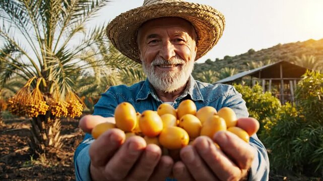Cheerful Farmer in Straw Hat Presenting Freshly Harvested Dates, Orchard Background, Golden Hour Sunlight