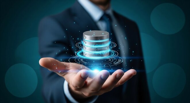 Businessman holding glowing database icon with digital network and data flow