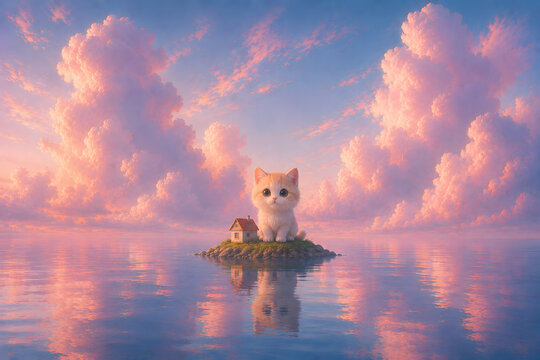 Cute dreamcore kitten on tiny island with pastel ocean and pink clouds