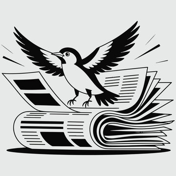 A black and white illustration of a bird perched on a stack of newspapers