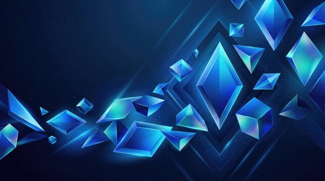 Blue crystal shapes floating in dark space, glowing with background, wallpaper thumbnail social, media book cover, download 2026 2027, 2028 event template, pc desktop mobile, full hd 4k download