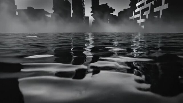 Black and white cityscape reflected in rippling water with fog and ominous overtones.