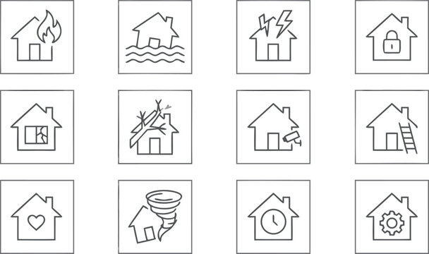 Set of House Insurance and Home Protection Line Icons Featuring Natural Disasters Fire Theft and Maintenance Symbols