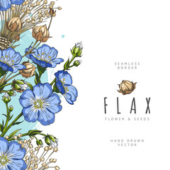 Obraz premium Flax blue flowers with dry seeds on stem sketch, seamless border vector hand drawn design, superfood plant, medical herb