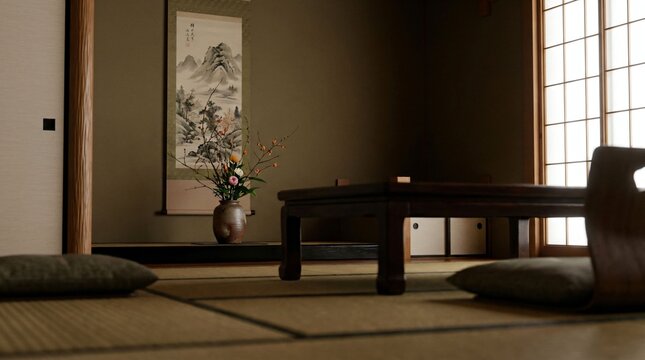 Traditional Japanese tokonoma alcove with hanging scroll and ikebana flower arrangement in serene room