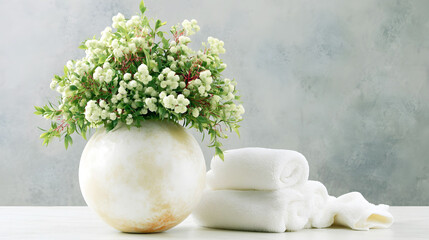 Obraz premium A serene spa-like arrangement featuring a round, textured ceramic vase filled with delicate white flowers and green eucalyptus, paired with a soft stack of fluffy white towels