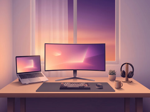 Modern Home Office Workspace With Curved Monitor And Sunset Window
