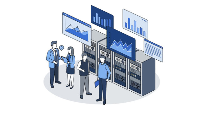 Professionals analyze server architecture and plan cloud infrastructure in a data center.
